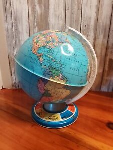 Vintage Tin Toy Globe Mod Century Ohio Art 12 Litho Print 8 World Wonders Globe