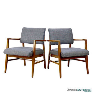 Mid Century Modern Walnut Sculptural Blue Upholstered Arm Chairs A Pair