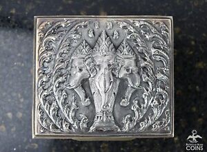 Antique Siam Sterling Silver Wood Oriental Elephant Design Tobacco Jewelry Box