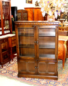 English Antique Oak Glass Door Bookcase Display Cabinet