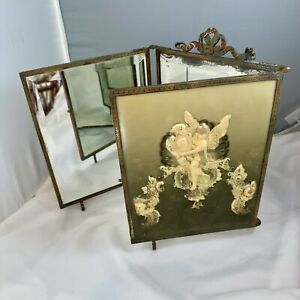 Antique Tri Fold Mirror Travel Vanity Beveled Mirror Brass Hanging Or Standing