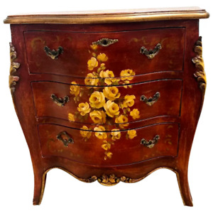 Vintage Italian Dresser Chest Three Drawers Hand Painted Roses Carvings Locking