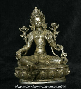 9 2 Ancient Tibet Mahayana Buddhism Temple Silver Green Tara Goddess Statue