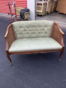 Vintage Cane And Brocade Settee
