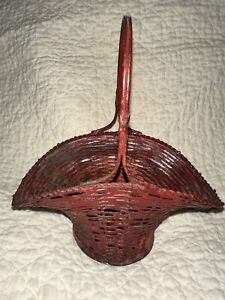 Antique Pa Primitive Bonnet Wire Basket With Red Paint