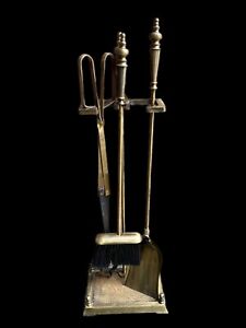 Fireplace Brass Tool Set Of 4 Stand Tongs Brush Shovel 219 Quality Sturdy Vtg