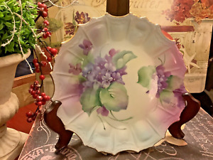Vintage Hand Painted Cabinet Decorative Plate Violets Greenery Free Shipping 