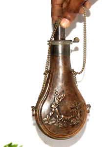 Old Copper G J W Hawksley Sheffield Embossed Victorian Gun Powder Flask