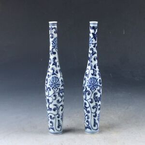 A Pair Chinese Blue And White Porcelain Hand Painted Flower Vase 20386