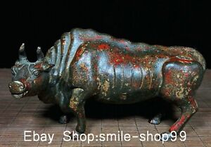 7 Old China Dynasty Bronze Gilt Fengshui 12 Zodiac Year Bull Oxen Animal Statue