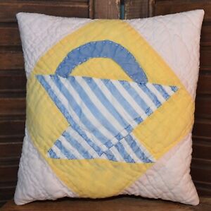 Primitive Small Basket Old Quilt Pillow 6 75 Tall Blue Stripes Blue Dish Fabric