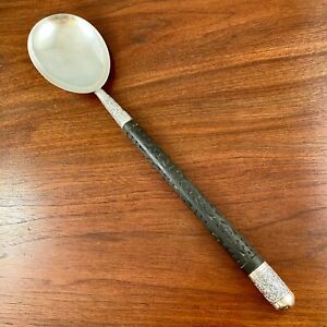 Huge Handwrought Asian Sterling Silver Serving Spoon Carved Handle 14 25 