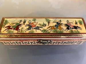 1950s Mosaic Inlaid Trinket Indo Persian Box Battle Scene