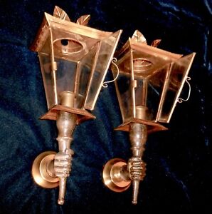 Pair Antique 1950 Artisanal French Hand Torch Wall Sconces Lanterns Brass Iron