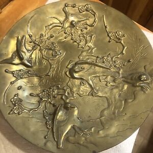 Chinese Antique High Relief Birds On Cherry Tree Blossoms Marked Platter Brass 