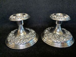 Kirk Son Sterling Silver 925 Candle Holders Repousse Floral Candlesticks 109
