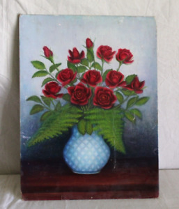 Vintage Folk Art Floral Oil Painting Board Original Primitive Country Roses Red