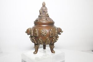 Chinese Exquisite Brass Buddha Incense Burner 5 5 8 Tall 4 1 2 At Widest