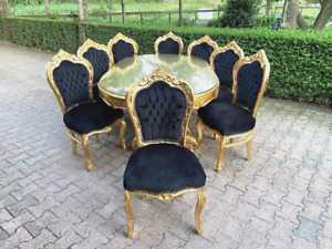 Glamorous 1990s Baroque Rococo Dining Set Gold And Black Velvet 9 Pieces