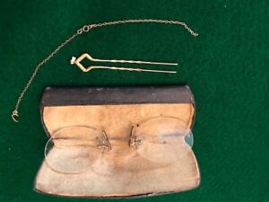 Antique Pince Nez Eyeglasses With Chain And Hairpin In Origional Eyeglasses Case