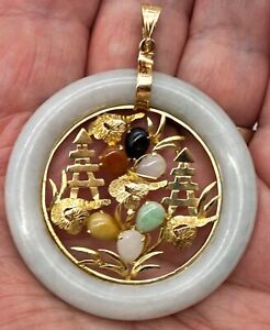 Off White Jade Donut Pendant 14k Gold Pagodas Flowers 5 Colors Of Jade Cabs
