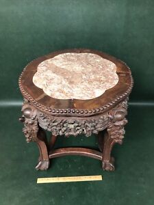 Antique Oriental Chinese Carved Rosewood Marble Top Side Table Plant Stand