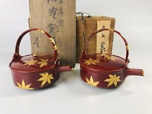 Y7016 Choushi Autumn Leaves Makie Sake Pot Pair Signed Box Japan Antique Kitdhen
