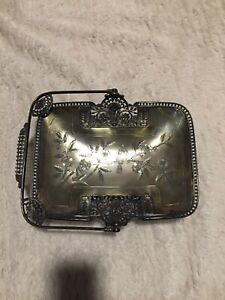 Antique Meriden Silverplate Tray Basket With Birds And Flowers