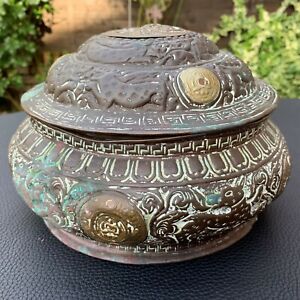 Antique Old Chinese Embossed Brass Bronze Cachepot Incense Burners Foo Fu Dog