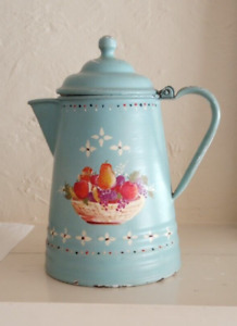 Vintage French Blue Tole Painted Fruit Basket Enamelware Coffee Pot L G Mfg Co 