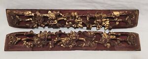 Antique Chinese Exquisite Carved Wood High Relief Panels Gilded Flowers Birds