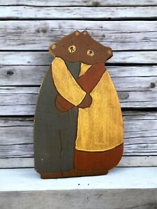 Primitive Folk Art Wood Cut Out Bears Hugging Wall Art Vintage