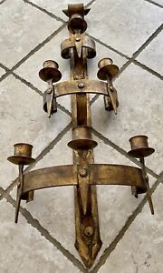 Gothic Wrought Iron Sconce Altar Candelabra Antique Gilded Superb 