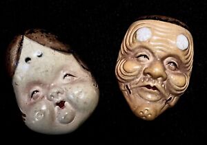 2 Lacquered Resin Japanese No Masks Buttons Okame Netsuke 1900 Meiji Period 