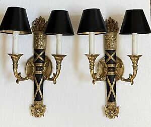 Vintage French Torch Stately Pair Brass Bouillotte Lamp Wall Sconce Sconces A1