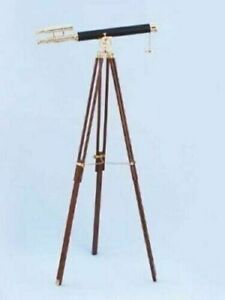 39 Brass Nautical Double Barrel Telescope Black Leather W Wooden Tripod Stand