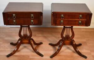 1940 Pair English Chippendale Style Mahogany Drop Leaf Pembroke Side End Tables