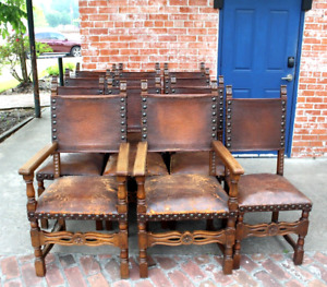 Set Of 12 French Antique Renaissance Oak Wood Leather Chairs