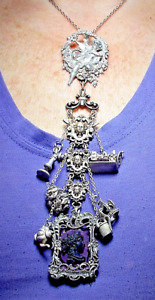 Sterling 1900 Chatelaine Watch Fob Tools 4 Cherubs Brooch W 6 Sterling Dangles