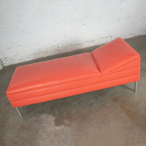 Mid Century Modern Chaise Or Day Bed In Coral Vinyl Faux Leather With Aluminum L
