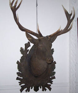 Antique Black Forest Carved Life Size Elk Head With Original Elk Antlers
