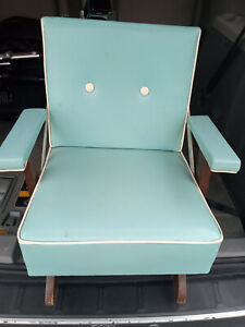 Vintage Childs Mid Century Platform Rocker Wood Vinyl Blue Green Rocking Chair