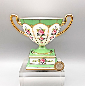 Antique English Porcelain Minton Pedestal Vase Green Ground With Pink Roses 1910