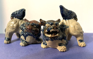 Pair Chinese Hand Made Pottery Porcelain Guardian Foo Fu Dog Beast Vintage