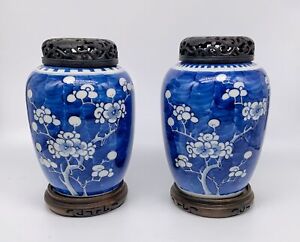 Pair Antique Qing Chinese Ginger Jars Blue White Prunus Decoration Wood Lid