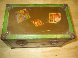 Antique Salesman Sample Trunk Or Doll Chest With Insert And Travel Stickers