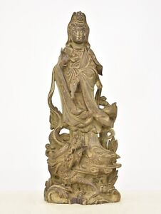 Vintage Chinese Wooden Carved Statue Figure Sculpture Of Guan Kwan Yin