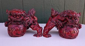 Chinese Feng Shui Lucky Loin Foo Red Resin Dog Set Bookends Statues 