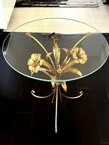 Vintage Italian Gold Gilt Metal Flower Side Table Hollywood Regency Art Deco