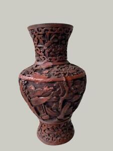 Chinese Carved With High Relief Wood Cabinet Vase 6 5 Tall Storyboard Lotus